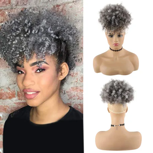 CINHOO Extensiones de cabello con cola de caballo gris para mujeres negras, cola de caballo sintética con cordón, cola de caballo sintética corta y