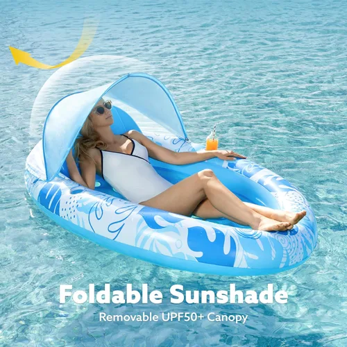 Miniatura 2 de SLOOSH Flotadores de piscina con toldo – Flotador inflable ovalado XL para adultos con cubierta ajustable para sombra solar, flotador de bronceado