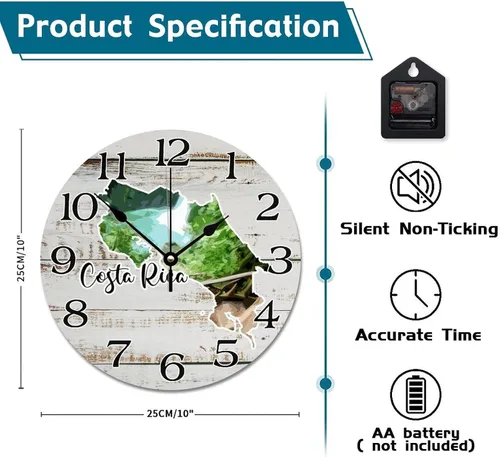 Miniatura 6 de Reloj de pared de Costa Rica Landmark - Reloj colgante de viaje silencioso grande de 10 pulgadas para dormitorio, sala de estar, decoración de pared