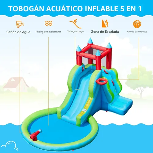 Miniatura 5 de Yaheetech Tobogán acuático inflable para niños, tobogán inflable 5 en 1 para exteriores para niños de 3 a 8 años con cañón de agua, aro