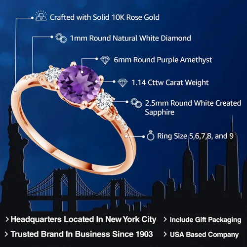 Miniatura 83 de Gem Stone King Anillo de compromiso de 3 piedras preciosas redondas de oro rosa de 10 quilates, 0.236 in, piedra natal, zafiro blanco y diamante