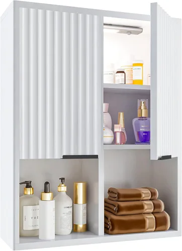 Miniatura 10 de HAIOOU Armario de pared de baño con luz LED con sensor de movimiento, armario de madera para medicamentos, armario de almacenamiento sobre inodoro