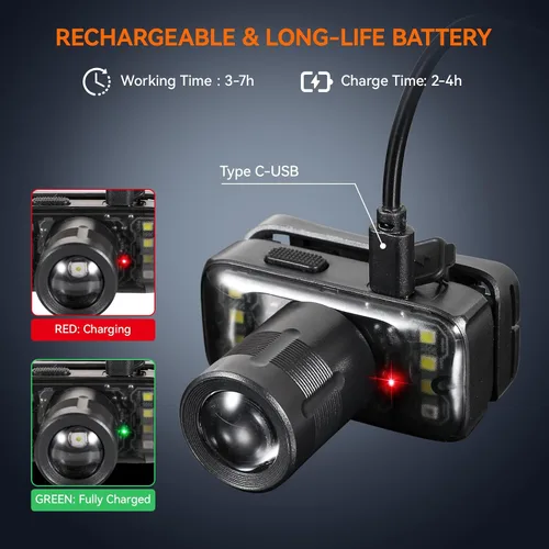 Miniatura 3 de VAVOFO Paquete de 2 linternas LED para faros delanteros, 500 lúmenes, recargable, impermeable, con luz blanca brillante + roja, atenuación continua