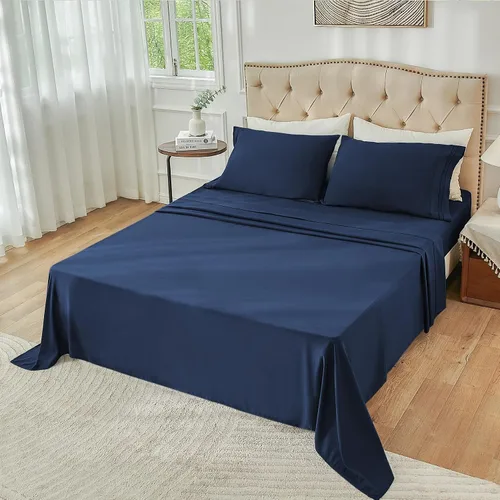 Miniatura 6 de Juego de sábanas de tamaño matrimonial, sábanas de microfibra hipoalergénica refrescante, color azul marino, sábanas suaves de bolsillo extra