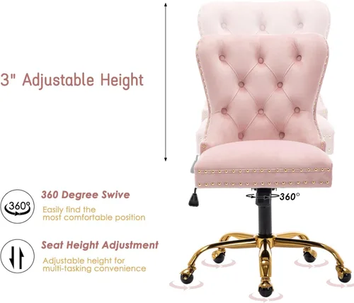 Miniatura 4 de Silla de escritorio de terciopelo para oficina en casa con ruedas y base dorada, cómoda silla de maquillaje copetuda para mujeres y niñas, silla
