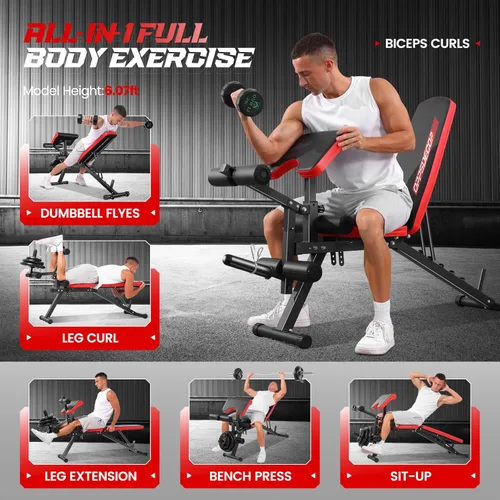 Miniatura 6 de OPPSDECOR Adjustable Weight Bench with Leg Extension and Leg Curl, Workout Bench Press Preacher Curl Bench with Wheels, 800 LBS Flat/Incline/Decline