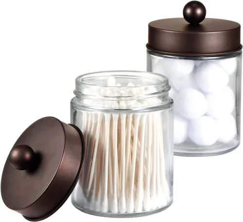 Miniatura 13 de Amolliar Juego de 2 organizadores de almacenamiento de vidrio para tocador de baño, recipiente de encimera con tapas de metal y calcomanías, tarros