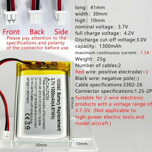 Miniatura 2 de DC 3.7V1300mAh 103040 Batería recargable de polímero de litio, adecuada para productos electrónicos de bricolaje 3.7-5V con reemplazo de batería