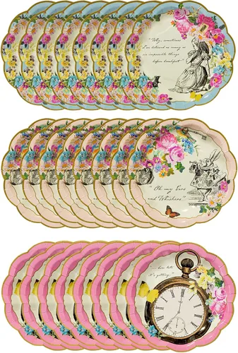 Miniatura 2 de Talking Tables Paquete de 24 platos de papel desechables con temática de Alicia en el país de las maravillas, color rosa y juego de tazas
