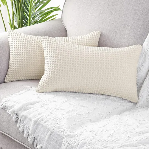 MANDIOO Juego de 2 fundas de almohada lumbares con textura de gofre, fundas de cojín decorativas de algodón sólido suave para sofá, cama, 12 x 20