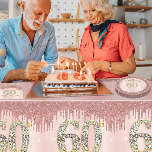 Miniatura 7 de 41 piezas de decoración de cumpleaños número 60 para mujeres, oro rosa, suministros de cumpleaños de sesenta años, platos, servilletas, mantel, 60
