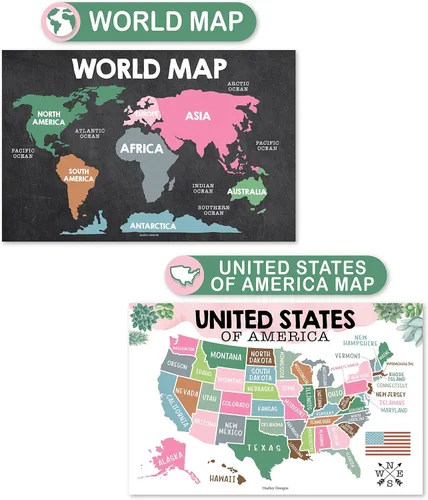 Miniatura 4 de Hadley Designs 4 carteles del alfabeto, mapa de Estados Unidos, mapa del mundo y sistema solar, gráficos ABC laminados para decoración de pared