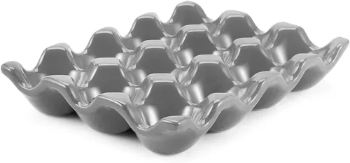 Miniatura 14 de Flexzion Organizador de huevos cerámico para nevera - Bandeja de huevos de 6 tazas, contenedor de porcelana para media docena, organizador de Gris