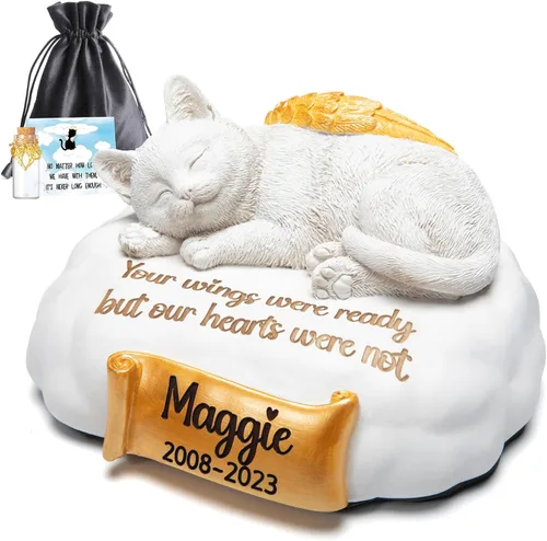 Urna de gato personalizada, urnas para mascotas para gatos grabadas con el nombre de tu mascota, fecha y cita, urnas de gato de resina para dormir