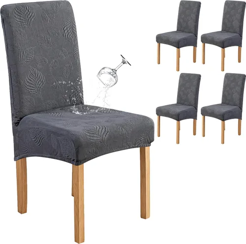 Miniatura 32 de Genina Juego de 2 fundas impermeables para sillas de comedor, fundas elásticas para sillas de comedor con hojas jacquard, protectores extraíbles