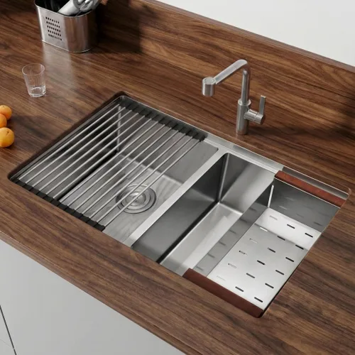 Miniatura 2 de LQS Fregadero de cocina de doble tazón para muchas ollas y sartenes, fregaderos de cocina de acero inoxidable para montaje bajo y caída