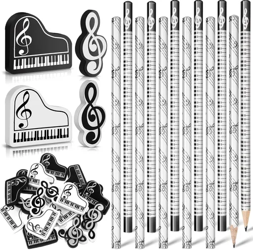 24 piezas Lápices de música con notas musicales y borradores Teclado de piano de madera Borradores para recitales de piano Regalos musicales A favor