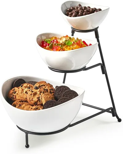 Miniatura 10 de LYEOBOH Juego de soporte y bandejas escalonadas, soporte grande para bandeja escalonada, bandeja para servir de 3 niveles con estante plegable más