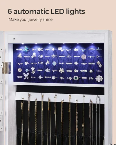 Miniatura 5 de SONGMICS Gabinete colgante de joyería, gabinete de pared con luces interiores LED, organizador de joyas montado en la puerta, espejo de cuerpo Blanco