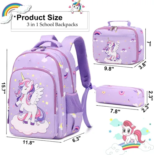 Miniatura 57 de Juego de mochila para niñas con diseño de unicornio, mochila escolar para niños, mochila para libros para niñas, set 3 en 1, regreso a clases