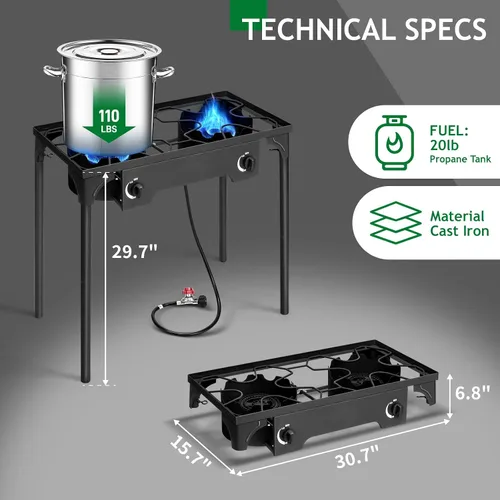 Miniatura 4 de Karl home Estufa de gas propano de 2 quemadores para cocinar al aire libre, cocina de campamento de 225,000 BTU con patas extraíbles y regulador PSI