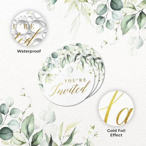 Miniatura 4 de Mobiusea Creation Greenery - Calcomanías de invitación de boda 1.4 pulgadas Lámina dorada 108 calcomanías impermeables para sobres