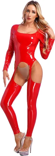 Miniatura 4 de YiZYiF Body de mujer brillante charol PVC cuero catsuit cuerpo completo látex apretado cremallera mono