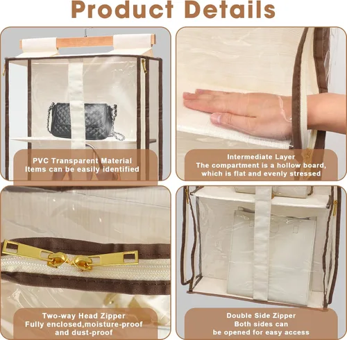 Miniatura 3 de Silkfly Paquete de 2 organizadores colgantes para colgar bolsos para armario, colgador de almacenamiento transparente con soporte de cremallera