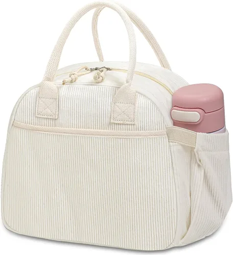 Miniatura 23 de Carry bloom Lonchera para mujer, lonchera aislada, bonita lonchera de pana reutilizable para el trabajo (1 rayas blancas y negras)