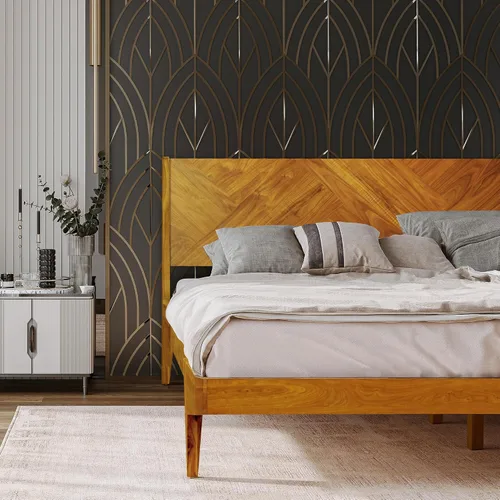 Miniatura 4 de Gazelle Signature - Marco de cama con cabecera alta de plataforma de madera maciza, marco de cama Queen, cama de madera natural Art Deco compatible
