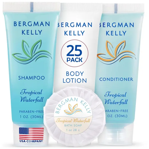 BERGMAN KELLY Paquete de artículos de tocador para hotel (cascada tropical, 1 oz cada uno, 100 piezas) Juego de 4 piezas: 25 jabón en barra redonda,