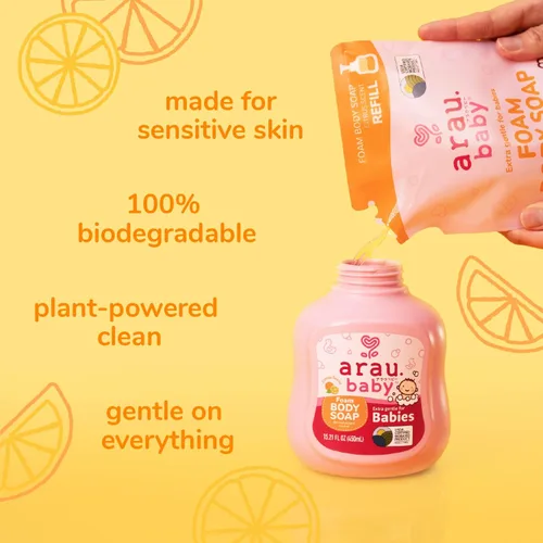 Miniatura 4 de Arau Baby Jabón corporal de espuma, repuesto de aroma cítrico, gel corporal espumoso natural a base de plantas para bebés, bebés y niños pequeños