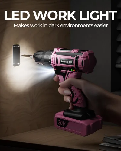 Miniatura 5 de Juego de taladro inalámbrico rosa, taladro eléctrico de 20 V para mujer, destornillador eléctrico ligero con paquete de energía y cargador