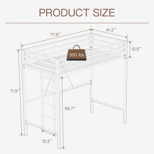 Miniatura 2 de ikalido - Cama elevada de metal tamaño individual con barandilla de seguridad y escalera, no necesita somier, muebles de dormitorio que ahorran