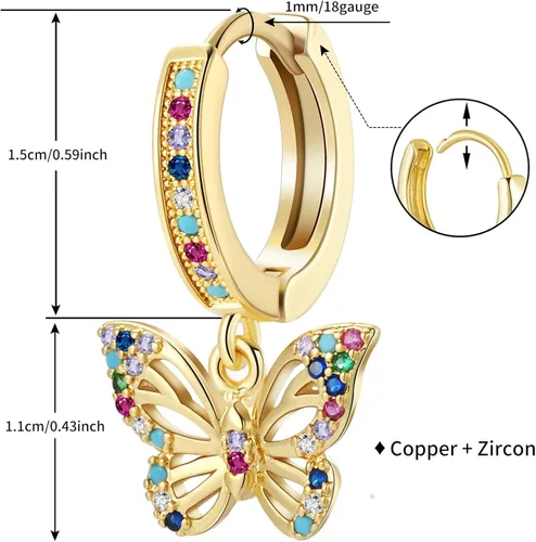 Miniatura 6 de PWUEITR Butterfly Earrings for Women Girls Small Gold Hoop Earrings with Charms Zircon Star Moon Huggie Dangle Earrings Valentine's Day Wedding