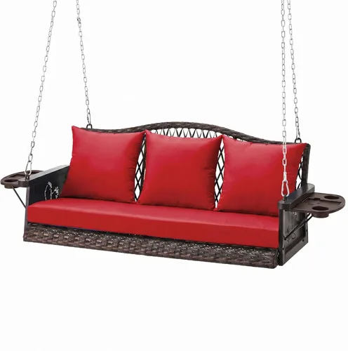 Miniatura 11 de ZZW Columpio colgante de mimbre mejorado para porche, resistente de 900 libras, 3 asientos, para patio, para adultos, con cadenas colgantes de 8.9