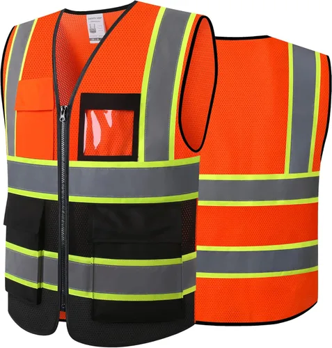 Chaleco de seguridad reflectante de alta visibilidad para hombres y mujeres con bolsillos y cremallera frontal, cumple con los estándares ANSI/ISEA