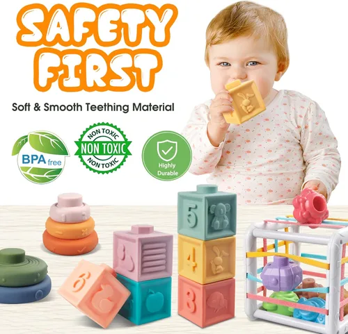 Miniatura 3 de Plunack Juguetes Montessori 4 en 1 para bebés, bloques apilables suaves para bebés, juguetes de dentición, bolas sensoriales y juego de aprendizaje