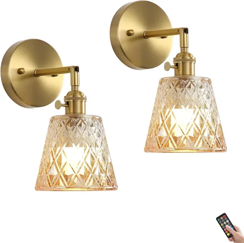Miniatura 9 de Paquete de 2 apliques de pared dorados con modernas pantallas de vidrio ámbar, accesorios modernos de luz de pared de tocador de baño de mediados
