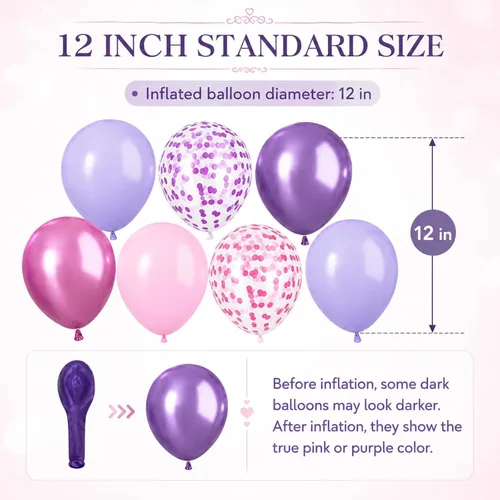 Miniatura 5 de Globos rosados y morados, 50 unidades de 12 pulgadas, globos de confeti, globos de látex metálicos rosados y morados con cinta, globos de fiesta