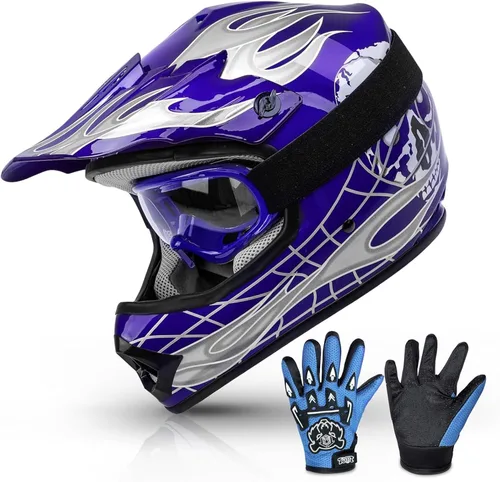 TCMT Casco de motocross para jóvenes, certificado por DOT, casco de motocross ATV de cara completa para niños con gafas, guantes y bolsa para casco