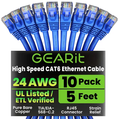 Miniatura 25 de Paquete de cables Ethernet Cat 6 GEARit - Paquete de 10 cables de conexión Ethernet Cat6 de 1 pie Cable de conexión de red RJ45, conectores Azul