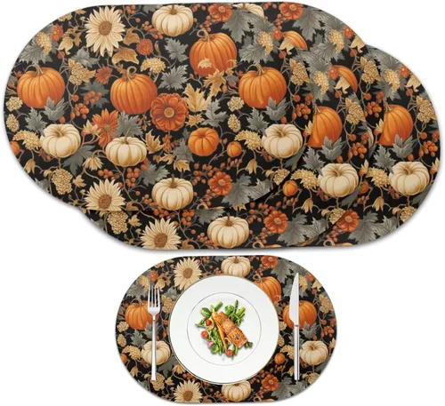 Miniatura 9 de Pumpkin Placemats Oval Placemats Set of 2 Black Cat Table Mats for Dining Tables Washable Heat Resistant Place Mats for Holiday Party Use 12X18 Inch