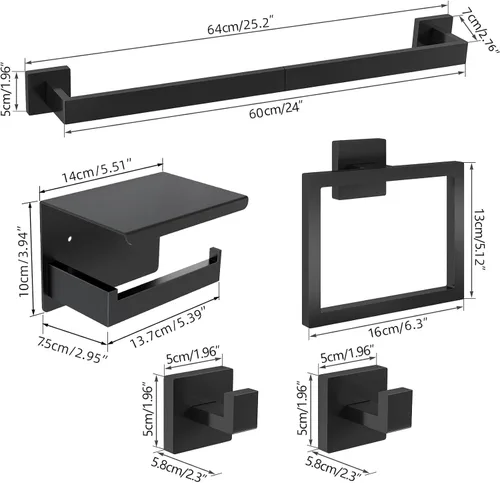 Miniatura 6 de Juego de accesorios de baño de 5 piezas, color negro mate, toalleros de acero inoxidable de 24 pulgadas para baño, juego de toallero, anillo