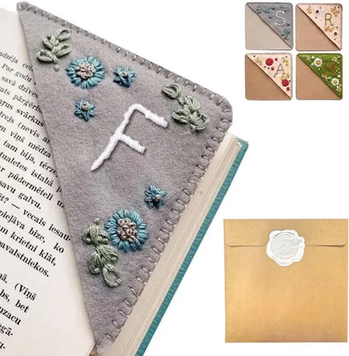 Miniatura 83 de Marcapáginas de esquina bordado a mano personalizado, 26 letras con costura a mano de fieltro, marcapáginas de esquina con bordado de flores lindo