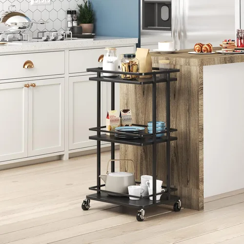 Miniatura 4 de XYZLVSI Carrito de barra de servicio rodante de 3 niveles, carrito de almacenamiento de isla de cocina de madera y metal con ruedas, estante