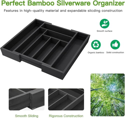 Miniatura 5 de Pipishell - Organizador de Cajones Extensible de Bambú para Soporte de Utensilios, Bandeja de Cubiertos Ajustable, Organizador de Divisores