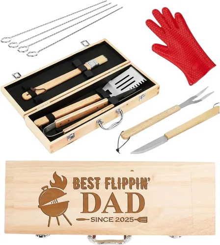 Miniatura 11 de Juego de parrilla BBQ de 11 piezas con caja de madera de arce grabada, herramientas de barbacoa de acero inoxidable premium con mangos de madera