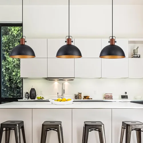 Miniatura 6 de Luces Colgantes Negras de 12 Pulgadas Martilladas Mate Luces Colgantes para Isla de Cocina Industrial Granja Altura Ajustable Luminarias Colgantes