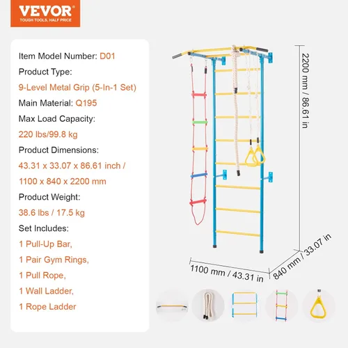 Miniatura 7 de VEVOR Gimnasio interior de la selva para niños pequeños, juego de escalada 5 en 1 con escalera sueca de acero al carbono, escalera de pared, barra